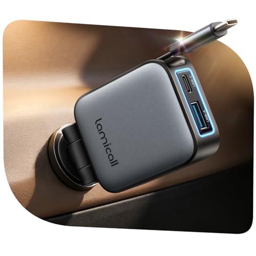 Lamicall 3 EN 1 Chargeur Voiture Charge Rapide - [75% Plus Petit] 63W Chargeur Allume Cigare USB C, 12V/24 Allume Cigare avec Câble Rétractable Type-C & Port...