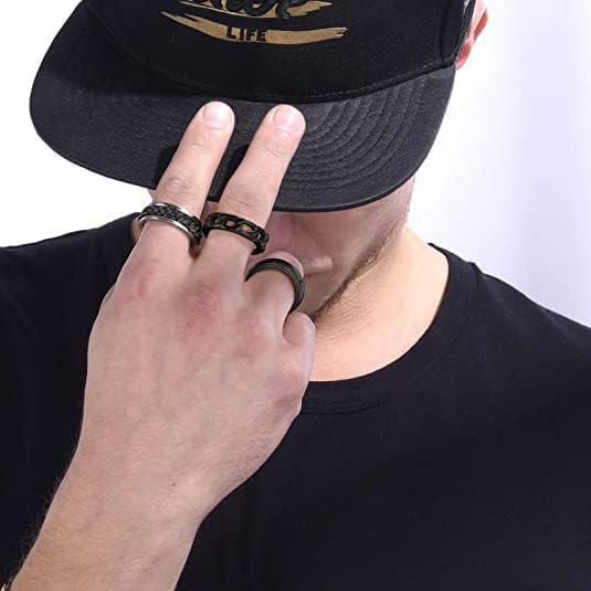 U7 Mens Women Stainless Steel 7mm Wide Band Ring, Hip Hop Thumb Rings Fashion Cuban Link Chain Rings, Size #6-#14 -Color Silver,Black,Gold