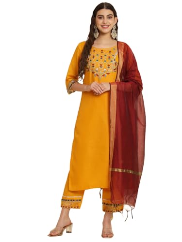 Image of VredeVogel Women's Cotton Blend Kurta Pant Set with Chanderi Silk Dupatta