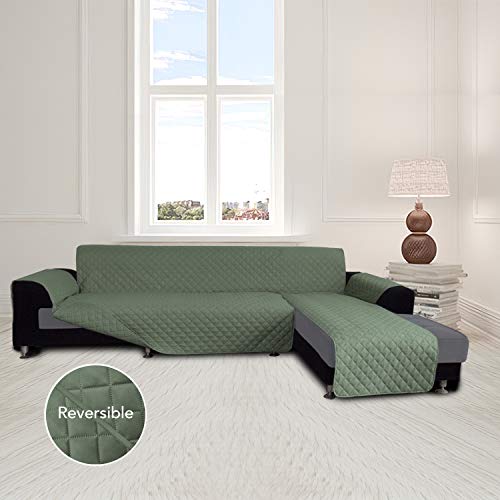 Image of Easy-Going Microfiber Sofa Slipcover L Shape Sofa Cover Sectional Couch Chaise Lounge Reversible Furniture Protector For Pets Kids Dog Cat (X-Large, Greyish Green)