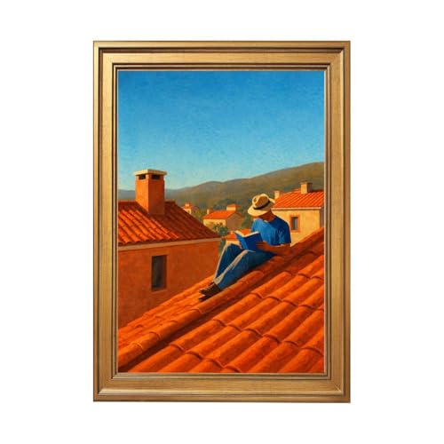Framed Canvas Wall Art Reading on Rooftop Poster Art Print