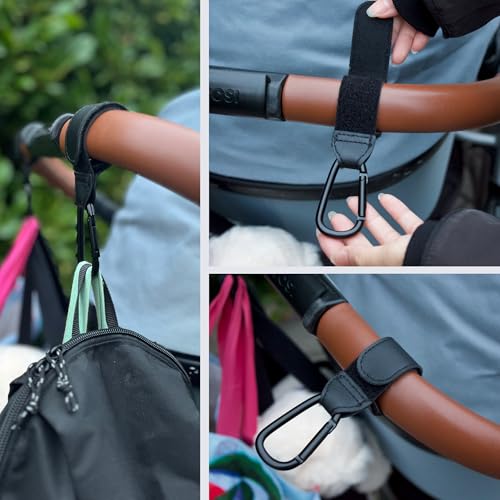 ESSENTIVAL Kinderwagen Haken für Taschen (2 Stück) - Großer Universalkarabiner für Kinderwagen, Robuste Karabinerhaken als Taschenhalter, Anhänger für Kinderwagen in Universeller Passform (Schwarz)