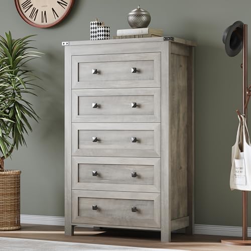 Image of BORNOON Tall 5-Drawer Dresser, Modern Wooden Storage Chest of Drawers, Dresser TV Stand, Wood Drawer Organizer with Metal Handles for Bedroom, Living Room, Hallway