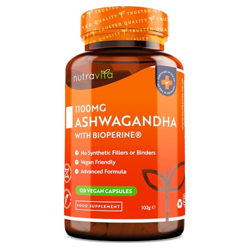 Ashwagandha con Bioperine® Añadido 1100 mg - 120 Cápsulas Veganas - Polvo de Raíz de Ashwagandha Natural de Alta Resistencia - Suplemento de Ashwaganda Apto Para Veganos