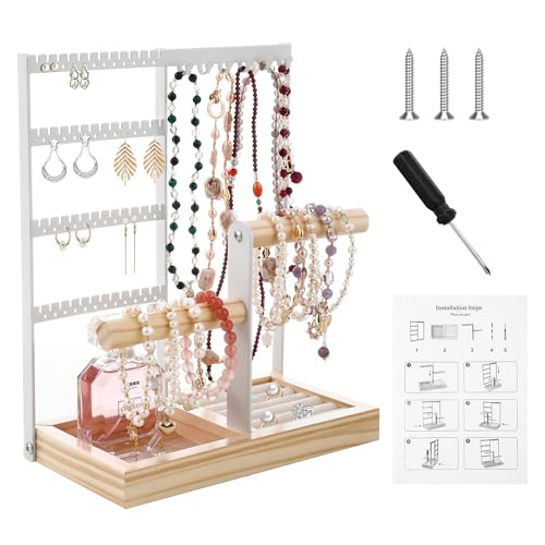 Soporte para Joyas de 4 Niveles,Organizador Joyas con bandeja de terciopelo,Expositor Joyas de Metal,Se utiliza para guardar collares,anillos,pulseras,relojes,aretes,colgantes,regalos de dama (Blanco)