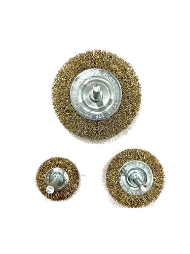 Image of Jon Bhandari Tools 3pc Steel Wire Brush Set with Brass Coating & Spindle - Drill Attachment Wire Wheels for Rust, Paint & Corrosion Removal - Heavy Duty Rotary Brush Kit for Metal Cleaning