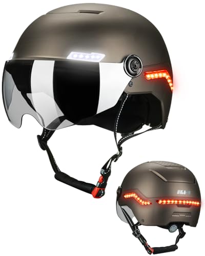 ILM Casque Velo Homme Femme Trotinette Electrique Adulte avec Visiere Lumiere LED Clignotant & Feu Stop Homologué NTA-8776, CPSC, CE Modèle MB101L,Titane,S/M