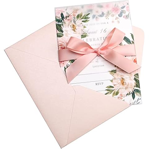 PONATIA 20PCS Fill-in Blush Pink Invitations Cards with Envelopes for Sweet 16 Birthday Invite, 5"x7" Invitations and Vellum Print Cover Cover
