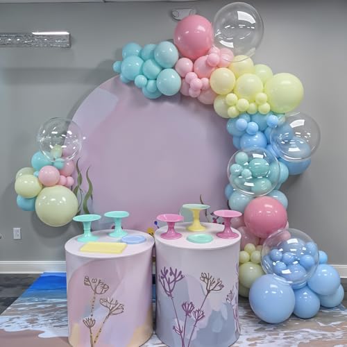 Image of Colorful Cartoon Shark Balloons, 60PCS Pastel Pink Green Blue Yellow Clear Metallic Dark Green Latex Balloons for Ocean Baby Shower Under the Sea Birthday Theme Party Decorations Supplies