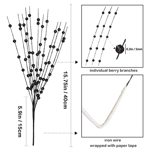 Felice Arts 6 Pack Black Artificial Glitter Berry Stems 15.7" Fake Decorative Glitter Sticks for Thanksgiving Table Runner Xmas Tree Vase DIY Wreath Crafts Fireplace Decor