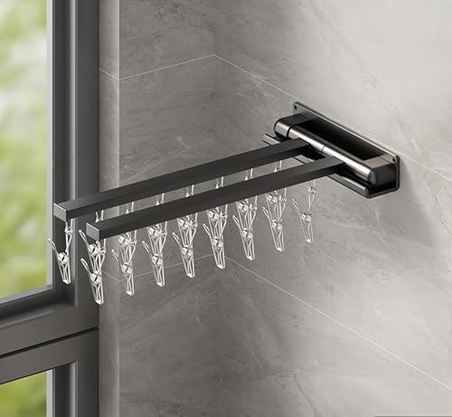 Space-Saving Wall-Mounted Rotary Clothes Drying Rack - Collapsible Laundry Organizer, Punch-Free Installation, Supports 220lbs for Bathroom, Patio & Laundry Room (White, 2 Shots, Horizontal Bar)