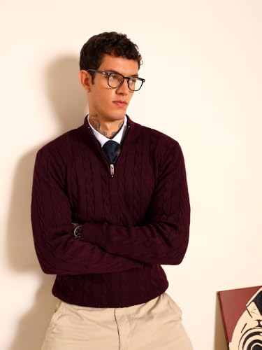 Image of Kvetoo Men's Wool High Neck Zipper Sweater, Full Sleeve Cable Knit Quarter Zip Winter Pullover