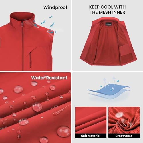 Image of Mens Vests Outerwear Windproof Lightweight Softshell Sleeveless Jacket | Breathable Zip Up Multi-Pockets Quick Dry Sports Vest for Golf Hiking Fishing Running