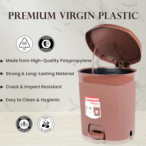 Image of MODWARE Premium Plastic Pedal Dustbin with Removable Bucket, PP Polypropylene, Hands-Free, Grey, for Kitchen, Office, College (Brown)