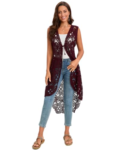GLEAMISS Women's Crochet Long Vest Sleeveless Lace Cardigan Hollow Out Kimino Cover Up4