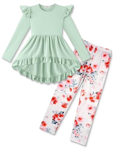 Image of Arshiner Toddler Girl Clothes Ruffle Trim Long Sleeve Pullover Top and Floral Print Leggings Fall Outfits Kids Clothing Sets