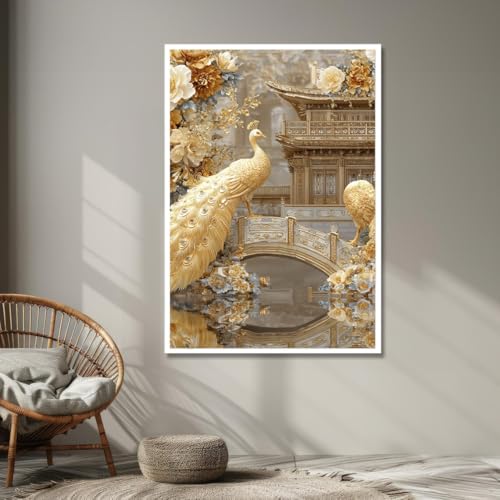 Tableau paon doré 60x90cm avec cadre intérieur pour salon - 3