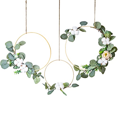 DriSubt 3 coronas de madera de eucalipto y algodón, corona floral artificial, corona de fiesta, corona de peonía decorativa realista para colgar en la pared, ventana, decoración de fiesta de boda