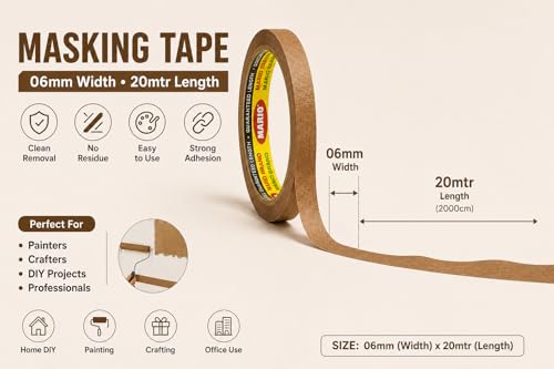 Image of Mario Brown Masking Tape - 20 Meter Length, 6mm Width - High Strength Tape for Fine Detail Painting & Craft Work - Clean Removal - Pack of 2 Rolls