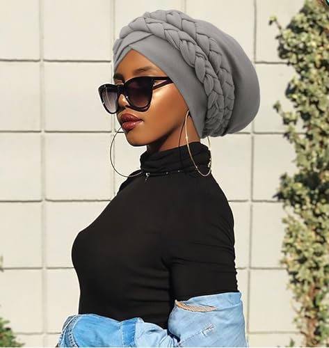 Image of DRESHOW African Women Turban Caps Cotton Beanie Twist Headscarf Pre-Tied Double Twisted Braids Wrap Hat Chemo Cancer Cap