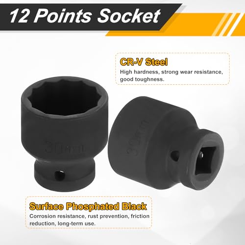 Image of HARFINGTON 2pcs 1 /2 inch Drive x 30mm Shallow Impact Socket 12-Point Metric CR-V Steel Spindle Nut Impact Flip Sleeve for Home Auto Nuts Bolts Repair