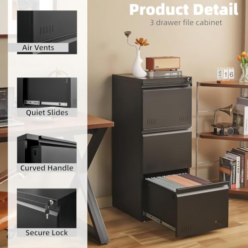 Image of Guizeeopo Metal File Cabinet with Lock, Vertical 3 Drawer File Cabinets for Home Office, Heavy Duty Office Storage Cabinet for A4 /Letter /Legal Size, Assembly Required(Black)