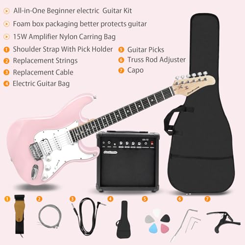 soulmate 39 inch full size electric guitar starter kit for beginners solid body hss pickups with 15w amp gig bag capo strap strings cable picks right-handedpink