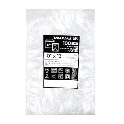 VacMaster 10 inch by 13 inch Heavy Duty 3 Mil Chamber Vacuum Sealer Bags - 100 Pre Cut Clear Chamber Machine Pouches Per Case, BPA Free, 30725