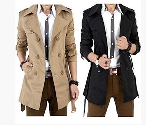 Mens Trench Coat Jacket Belted Cotton Casual Lapel Windbreaker Overcoat 5
