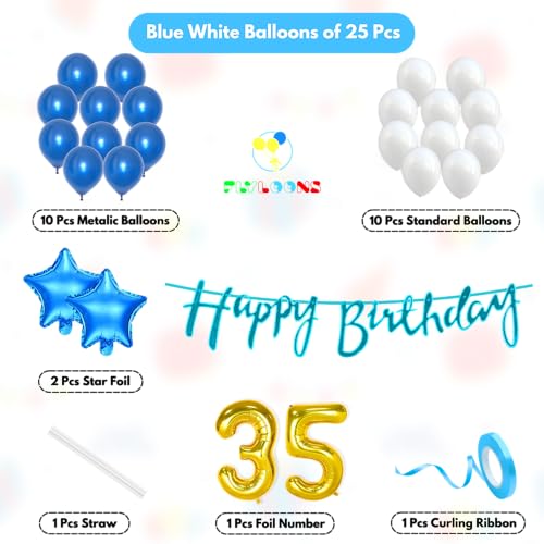 Image of Flyloons 35th Happy Birthday Decoration Kit Blue White for Boys Girls Men Women Adults With 20 Pcs Metallic Balloons Birthday Banner 2 Pcs Star Items Set
