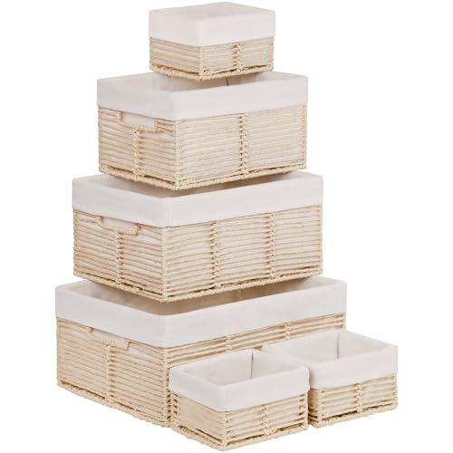 Vagusicc Wicker Storage Baskets, 6 Pack Baskets for Organizing, Wicker Basket with Handle, Rectangular Basket for Storage Shelves, Cube Storage Bins for Closet/Clothes/Dresser, Beige