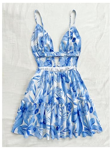 Image of Floerns Women's Sleeveless Butterfly Print Cut Out V Neck Tiered Mini Cami Dresses