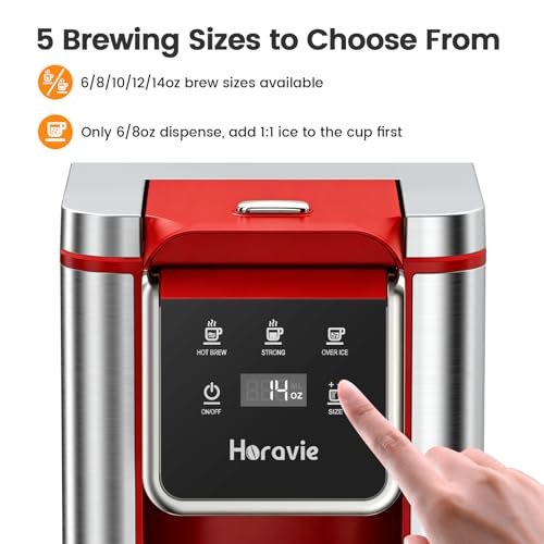 Image of Horavie Single Serve Coffee Maker for K-Cup Pod and Grounds, Hot & Iced Coffee Maker, Strong Button Feature, 6 to 14oz Brew Sizes, 50oz Removable Reservoir, Fit 6.5 inch Mugs, Stainless Steel, Red