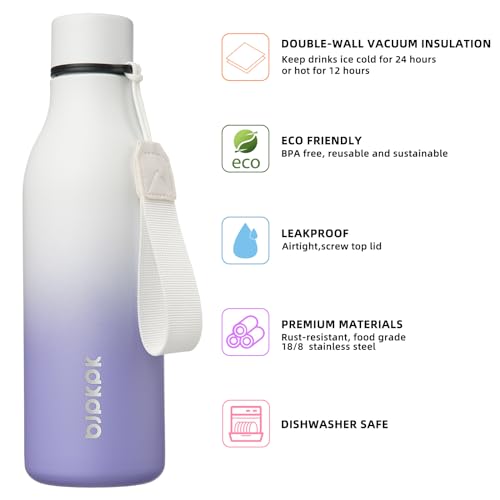Image of BJPKPK Insulated Water Bottle, 18 oz, Stainless Steel | Leak Proof | Pack of 2 | Lilac Elegance | With Strap