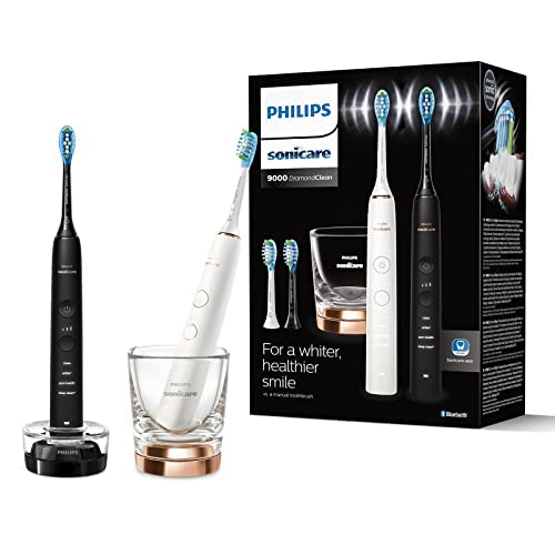 Sonicare DiamondClean 9000 - 一套 2 支连接电动牙刷,可更好地清洁牙齿和牙龈,黑色和玫瑰金(型号 HX9914/61)