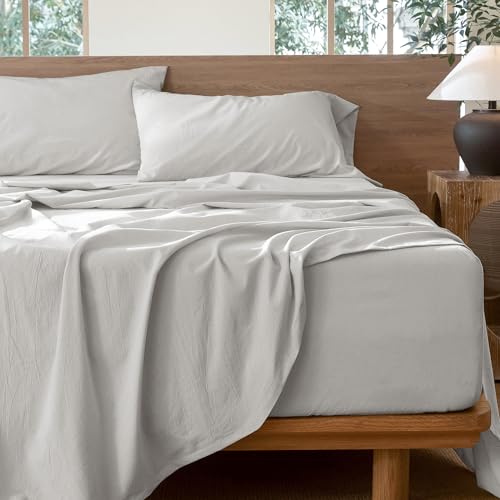 Image of MooMee Sheet Set 100% Washed Cotton Linen-Like Extra Deep Pocket King | Relaxed Linen-like Texture. Soft, Breathable & Lightweight Comfort. 15-19 inch Extra Deep Pocket with All-around Elastic