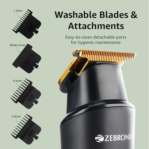 Image of Zebronics HT202 Trimmer, Cordless & Corded, Upto 180min Runtime, Stainless Steel Blades, 3+1 Guide Combs, 2 Speed Modes, LED Display, Travel Lock, Washable Blades, Type-C Rechargeable Battery (Black)