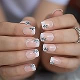 Beautiful Butterfly Flower Natural Nude French Press on False Nails with Glitter Rhinestone Squoval...