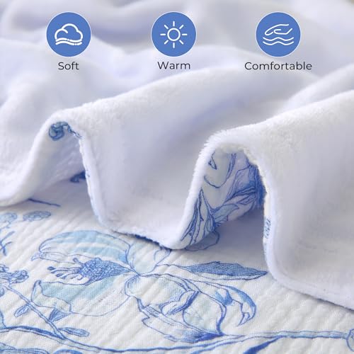 Muslin Blankets for Adults Reversible Throw Fleece & Gauze, Soft Cozy Lightweight Breathable Blue Floral Blanket for Bed Couch, Double Layer Muslin Throw Cover 50"x70" - image 4