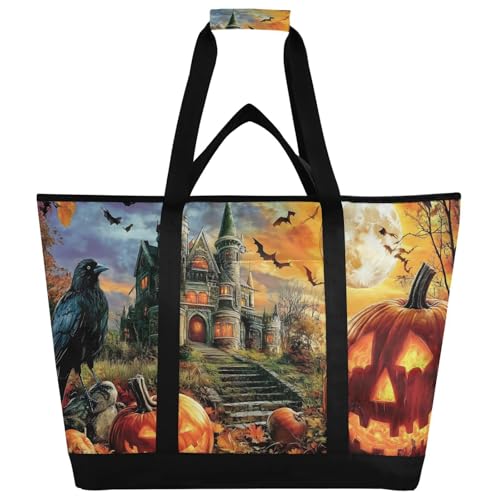 Large Insulated Tote Bag Halloween Crow Pumpkin for Grocery Shopping Reusable Tote Bags for Women Men, Cooler Bag with Zippered Top & Handles for Beach Picnic Travel