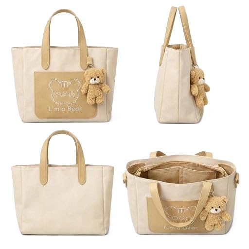 vitach Trendy Self I AM BEAR Design Handbag for Women Ladies Casual Office Shopping Travel Shoulder Carry Bag Beige-picture-30