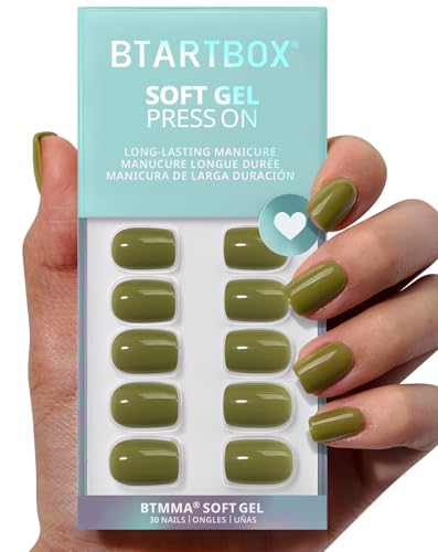BTArtbox Press On Nails Short - St. Patrick's Day Olive Green Squoval Press On Nails with Glue for Women, Opaque Soft Gel Glue On Nails in 15 Sizes - 30 Stick On Nails Kit, Moss Muse