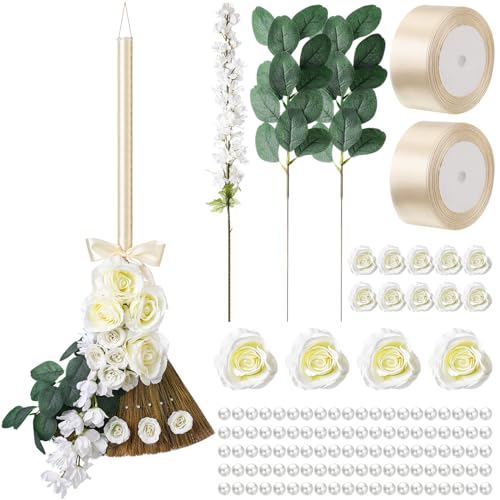 Yungyan Wedding Brooms for Jumping Ceremony Bride Bridegroom DIY Whisk Brooms 11.81 x 25.2 in with Ribbons Artificial Pearl Eucalyptus Leaves Roses Delphinium for Wedding Ceremony Craft