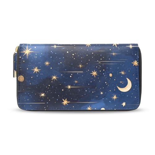 Womens Long Leather Wallet Zip Around Clutch Purse Large Capacity Card Holder Organizer Dark Blue Stars and Moons