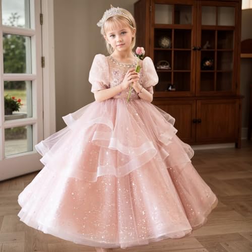 Girls A-line Tulle Prom Dress Sparkly Ball Gown with Puffy Sleeves Flower Girl Pageant Party Dresses, Size 2-143