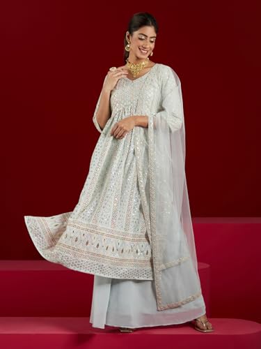 Image of Libas Art Womens Embroidered Georgette A Line Kurta With Palazzos and Dupatta | ethnic wear | bridal suit | wedding dress | occasion wear