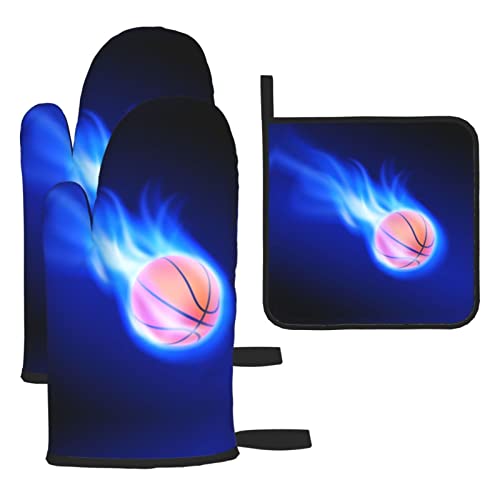 Guanti da forno e presine per palline da basket blu fuoco, resistenti guanti da barbecue con anello da appendere, per cottura in cucina