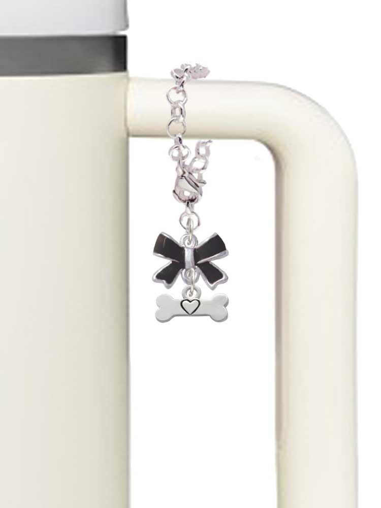 Delight Jewelry Silvertone Dog Bone with Heart - Black Bow Charm Accessory for Tumblers and Thermal Cups