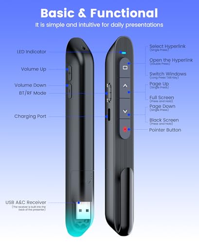 Image of Wireless Presenter with Red Light, 2.4G USB & Bluetooth Presentation Clicker, Rechargeable via Type-C, 165ft Range, Compatible with PowerPoint /Keynote for Windows /Mac /Linux /Android (Black)