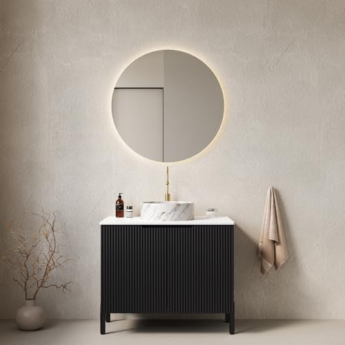 ZHOMGG 76 cm mueble de baño independiente – lavabo redondo de cerámica blanco con veteado natural, plano de piedra sinteresada, almacenamiento integrado (grifo no incluido)(C)
